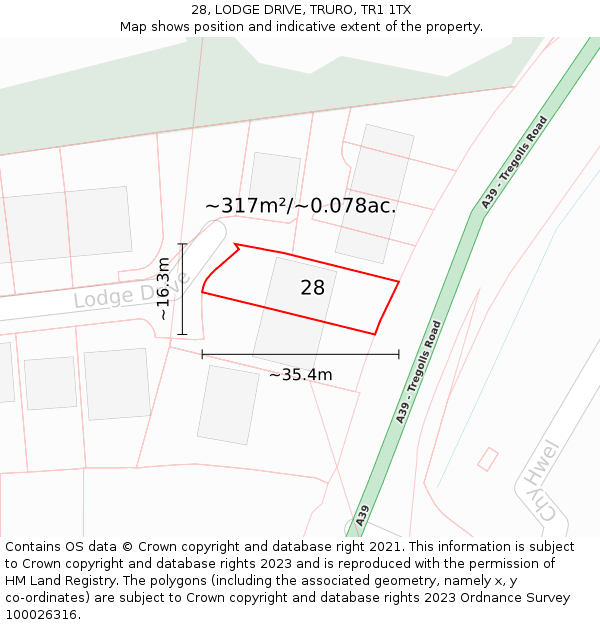 28, LODGE DRIVE, TRURO, TR1 1TX: Plot and title map