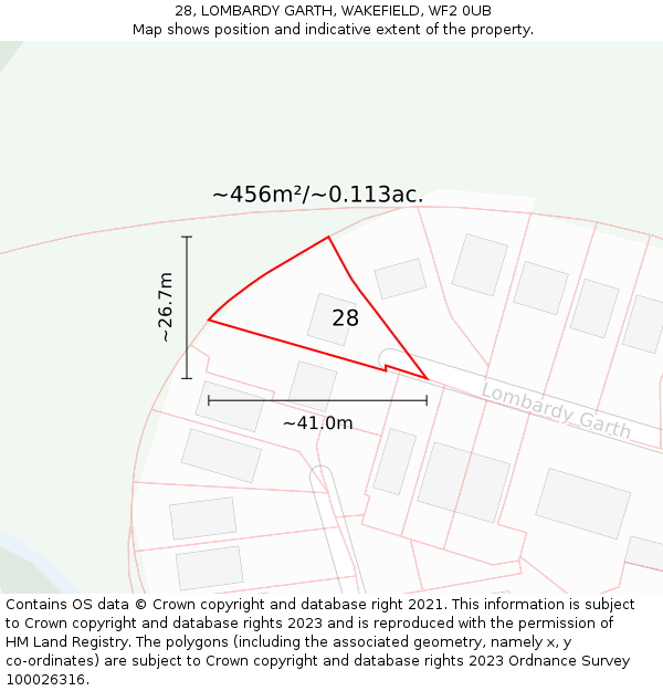 28, LOMBARDY GARTH, WAKEFIELD, WF2 0UB: Plot and title map