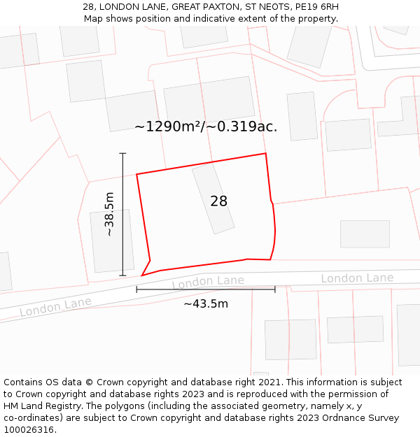 28, LONDON LANE, GREAT PAXTON, ST NEOTS, PE19 6RH: Plot and title map