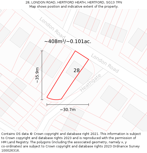 28, LONDON ROAD, HERTFORD HEATH, HERTFORD, SG13 7PN: Plot and title map