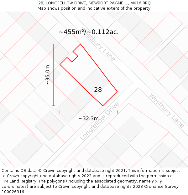 28, LONGFELLOW DRIVE, NEWPORT PAGNELL, MK16 8PQ: Plot and title map