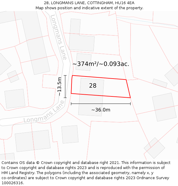 28, LONGMANS LANE, COTTINGHAM, HU16 4EA: Plot and title map