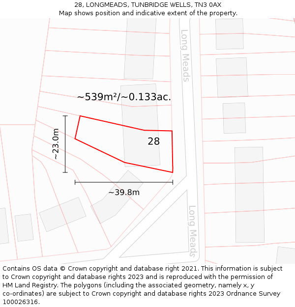 28, LONGMEADS, TUNBRIDGE WELLS, TN3 0AX: Plot and title map