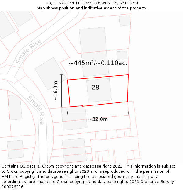 28, LONGUEVILLE DRIVE, OSWESTRY, SY11 2YN: Plot and title map