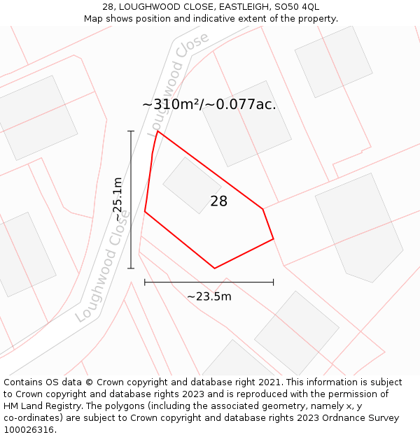 28, LOUGHWOOD CLOSE, EASTLEIGH, SO50 4QL: Plot and title map