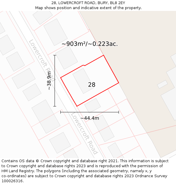 28, LOWERCROFT ROAD, BURY, BL8 2EY: Plot and title map
