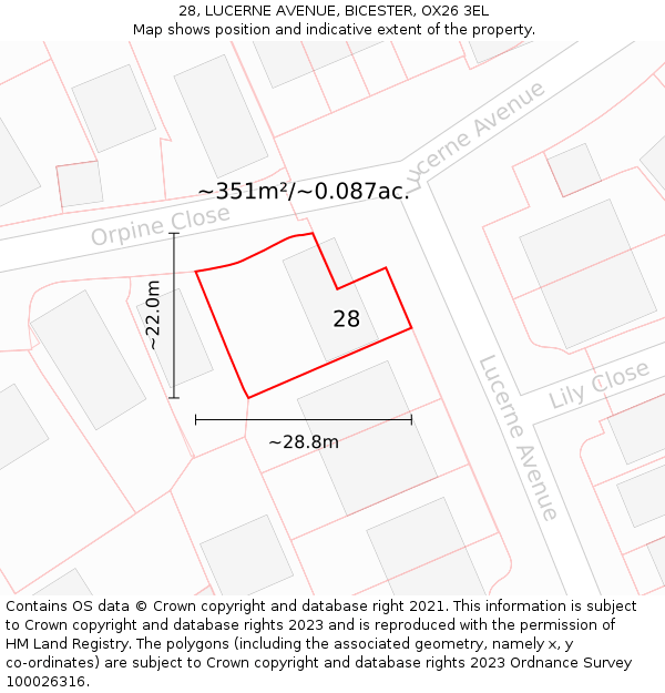 28, LUCERNE AVENUE, BICESTER, OX26 3EL: Plot and title map