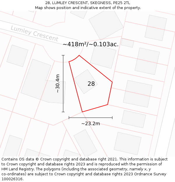 28, LUMLEY CRESCENT, SKEGNESS, PE25 2TL: Plot and title map