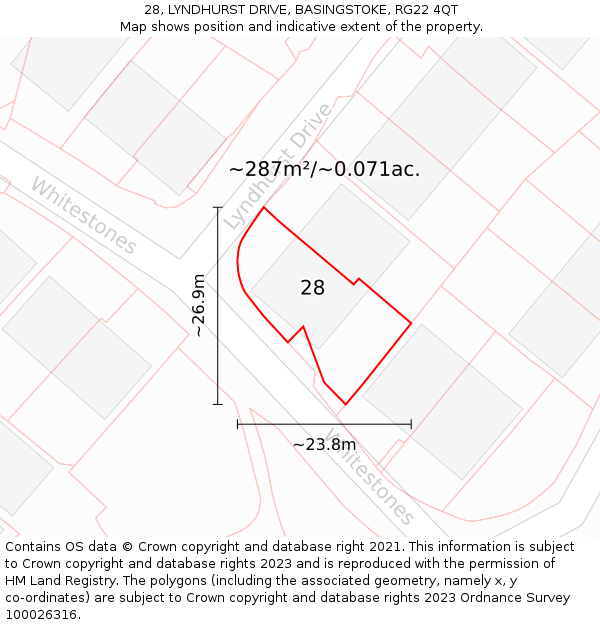 28, LYNDHURST DRIVE, BASINGSTOKE, RG22 4QT: Plot and title map