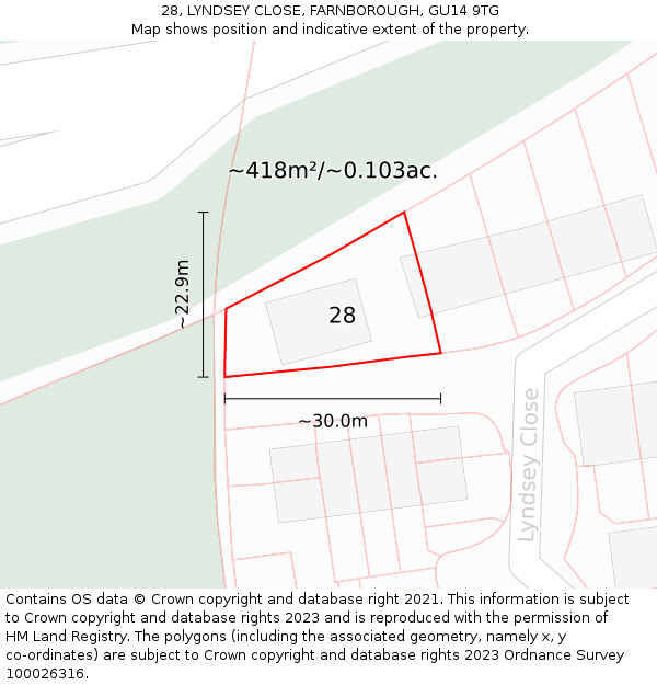 28, LYNDSEY CLOSE, FARNBOROUGH, GU14 9TG: Plot and title map