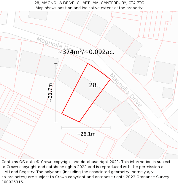 28, MAGNOLIA DRIVE, CHARTHAM, CANTERBURY, CT4 7TG: Plot and title map