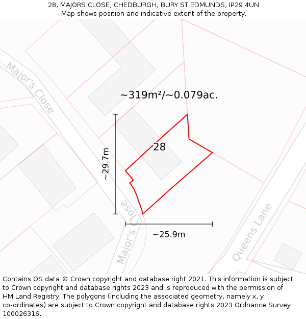 28, MAJORS CLOSE, CHEDBURGH, BURY ST EDMUNDS, IP29 4UN: Plot and title map