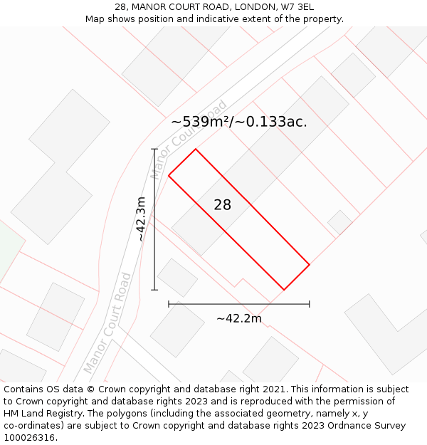 28, MANOR COURT ROAD, LONDON, W7 3EL: Plot and title map
