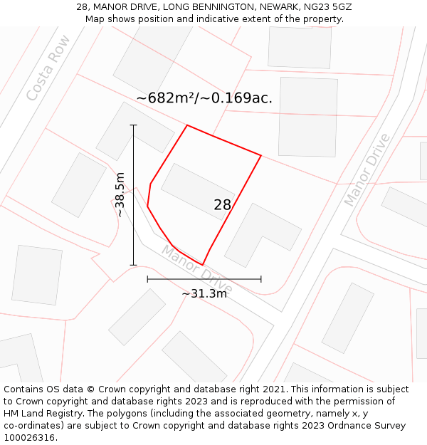 28, MANOR DRIVE, LONG BENNINGTON, NEWARK, NG23 5GZ: Plot and title map