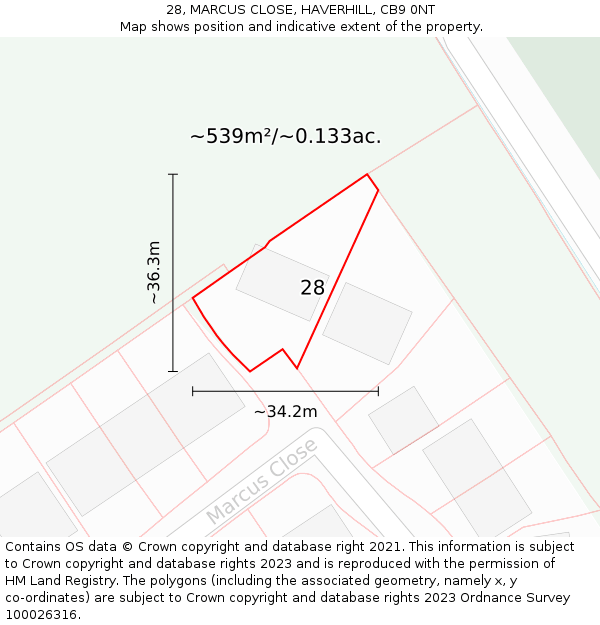 28, MARCUS CLOSE, HAVERHILL, CB9 0NT: Plot and title map