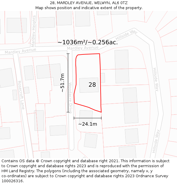 28, MARDLEY AVENUE, WELWYN, AL6 0TZ: Plot and title map