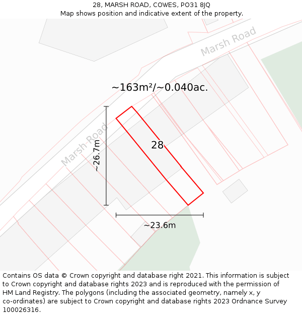 28, MARSH ROAD, COWES, PO31 8JQ: Plot and title map