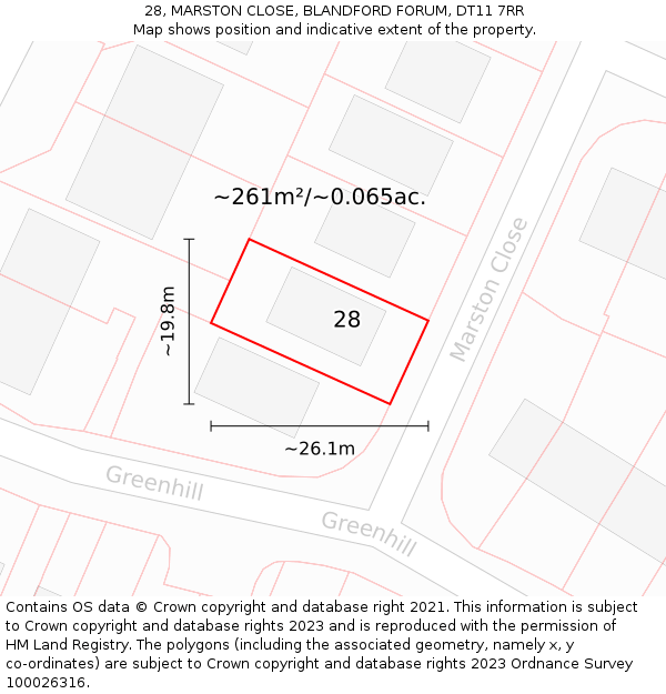 28, MARSTON CLOSE, BLANDFORD FORUM, DT11 7RR: Plot and title map