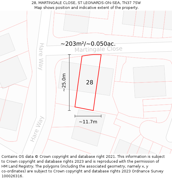 28, MARTINGALE CLOSE, ST LEONARDS-ON-SEA, TN37 7SW: Plot and title map