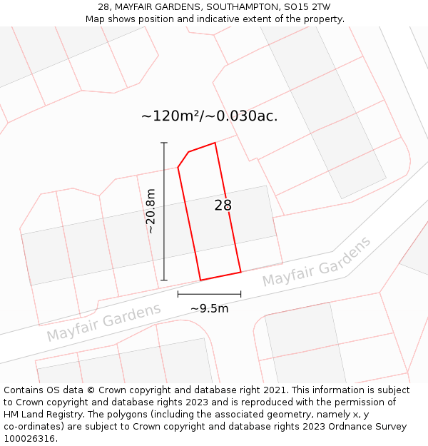 28, MAYFAIR GARDENS, SOUTHAMPTON, SO15 2TW: Plot and title map