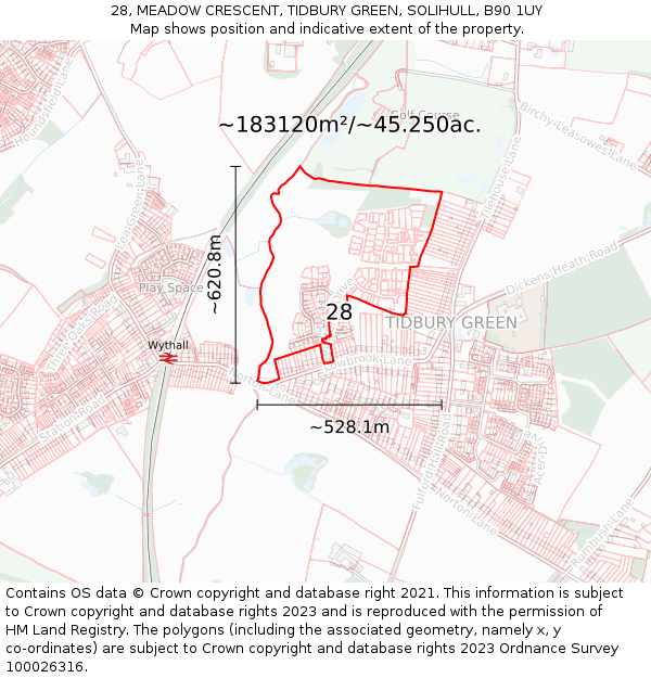 28, MEADOW CRESCENT, TIDBURY GREEN, SOLIHULL, B90 1UY: Plot and title map