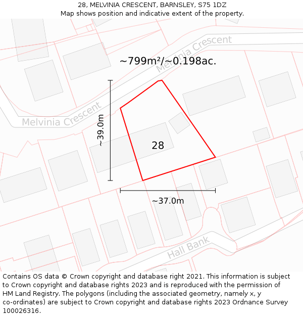 28, MELVINIA CRESCENT, BARNSLEY, S75 1DZ: Plot and title map