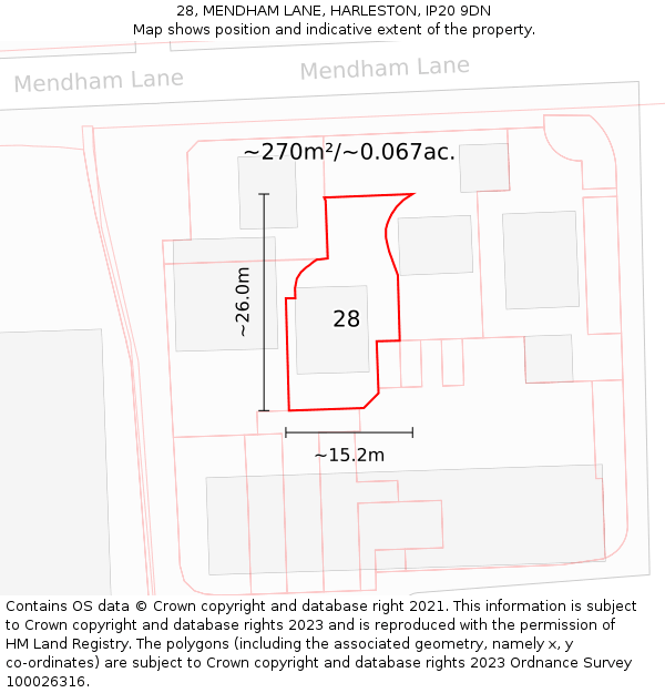 28, MENDHAM LANE, HARLESTON, IP20 9DN: Plot and title map