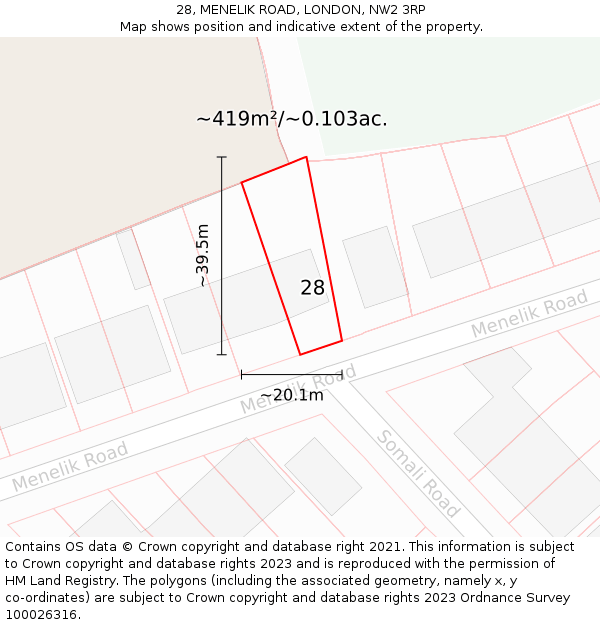 28, MENELIK ROAD, LONDON, NW2 3RP: Plot and title map