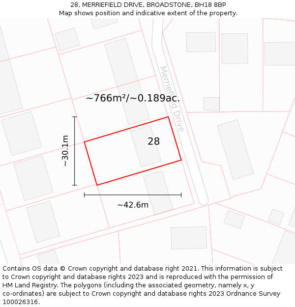 28, MERRIEFIELD DRIVE, BROADSTONE, BH18 8BP: Plot and title map