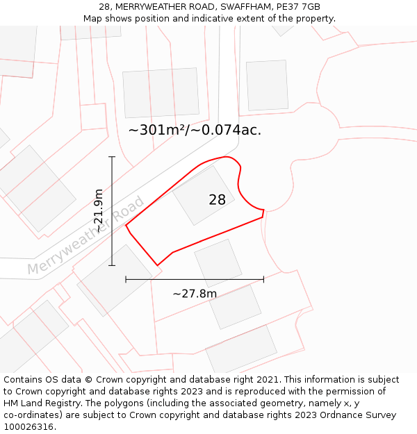 28, MERRYWEATHER ROAD, SWAFFHAM, PE37 7GB: Plot and title map