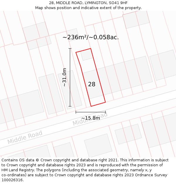 28, MIDDLE ROAD, LYMINGTON, SO41 9HF: Plot and title map