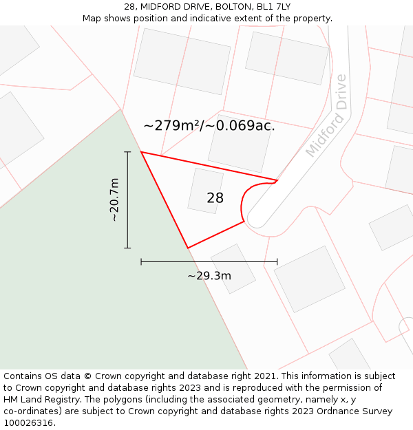 28, MIDFORD DRIVE, BOLTON, BL1 7LY: Plot and title map