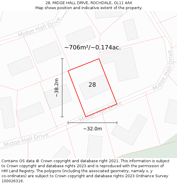 28, MIDGE HALL DRIVE, ROCHDALE, OL11 4AX: Plot and title map