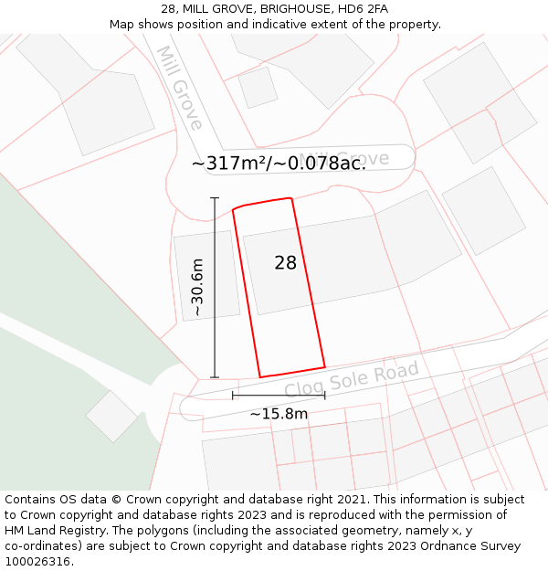 28, MILL GROVE, BRIGHOUSE, HD6 2FA: Plot and title map