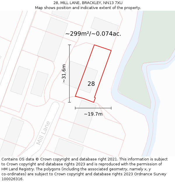 28, MILL LANE, BRACKLEY, NN13 7XU: Plot and title map