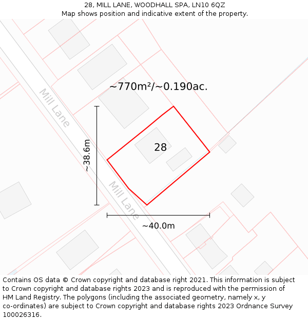 28, MILL LANE, WOODHALL SPA, LN10 6QZ: Plot and title map