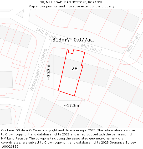 28, MILL ROAD, BASINGSTOKE, RG24 9SL: Plot and title map