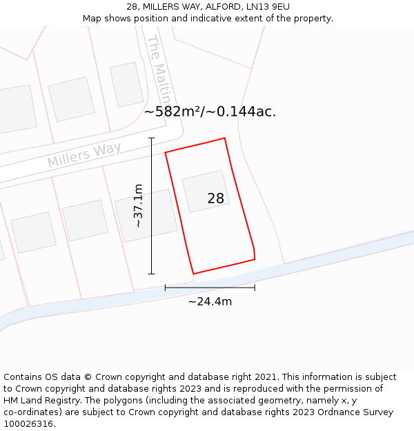 28, MILLERS WAY, ALFORD, LN13 9EU: Plot and title map