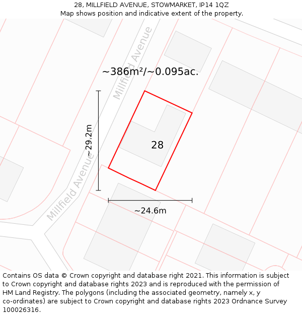 28, MILLFIELD AVENUE, STOWMARKET, IP14 1QZ: Plot and title map