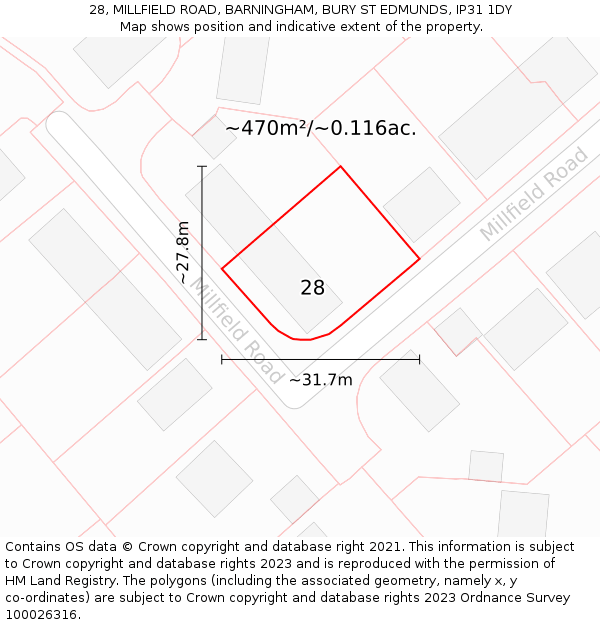 28, MILLFIELD ROAD, BARNINGHAM, BURY ST EDMUNDS, IP31 1DY: Plot and title map