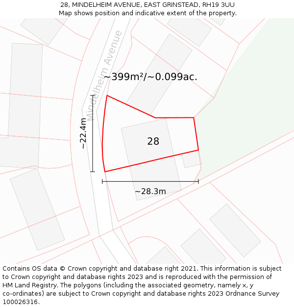 28, MINDELHEIM AVENUE, EAST GRINSTEAD, RH19 3UU: Plot and title map