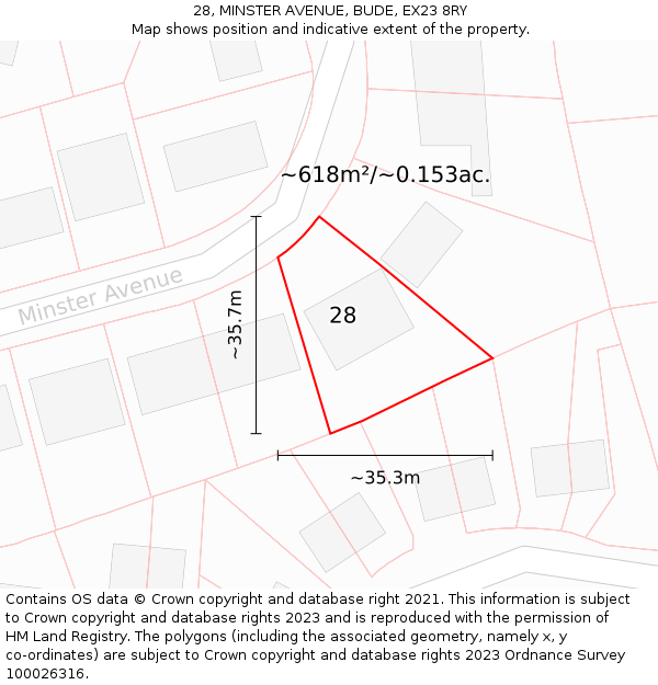 28, MINSTER AVENUE, BUDE, EX23 8RY: Plot and title map