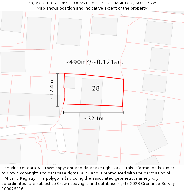 28, MONTEREY DRIVE, LOCKS HEATH, SOUTHAMPTON, SO31 6NW: Plot and title map