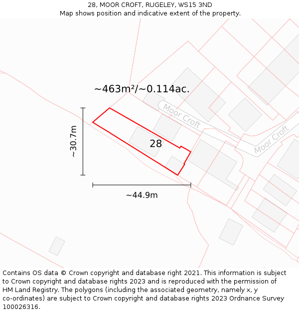 28, MOOR CROFT, RUGELEY, WS15 3ND: Plot and title map