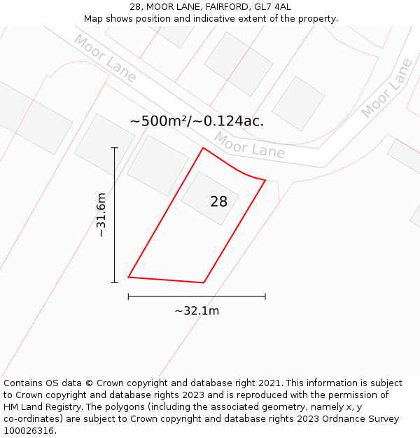 28, MOOR LANE, FAIRFORD, GL7 4AL: Plot and title map