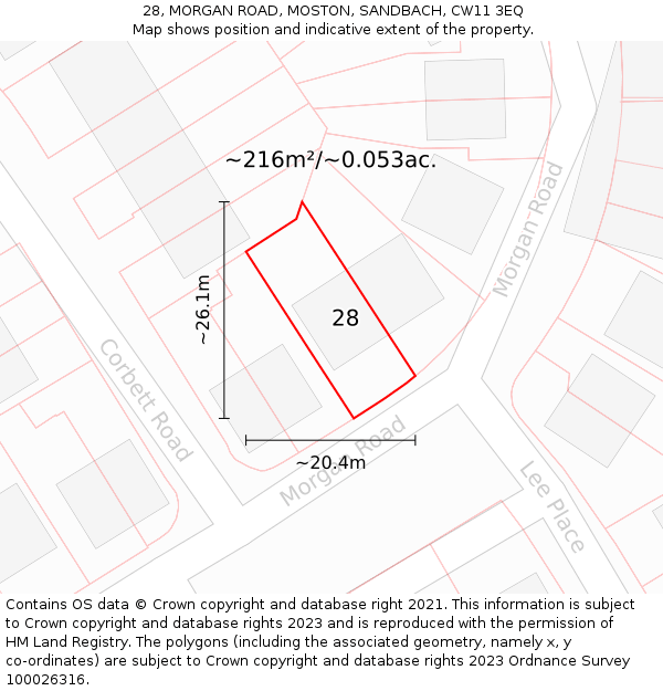 28, MORGAN ROAD, MOSTON, SANDBACH, CW11 3EQ: Plot and title map