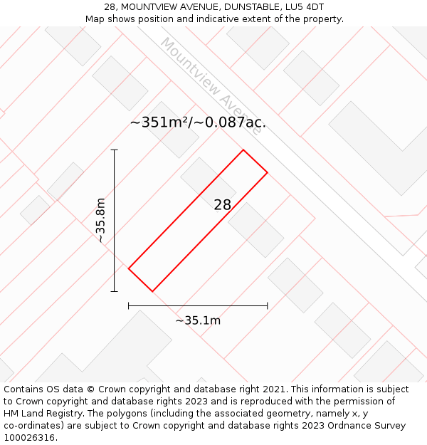 28, MOUNTVIEW AVENUE, DUNSTABLE, LU5 4DT: Plot and title map