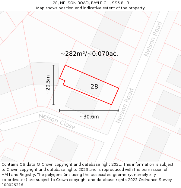 28, NELSON ROAD, RAYLEIGH, SS6 8HB: Plot and title map