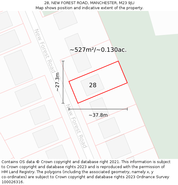 28, NEW FOREST ROAD, MANCHESTER, M23 9JU: Plot and title map