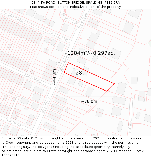 28, NEW ROAD, SUTTON BRIDGE, SPALDING, PE12 9RA: Plot and title map